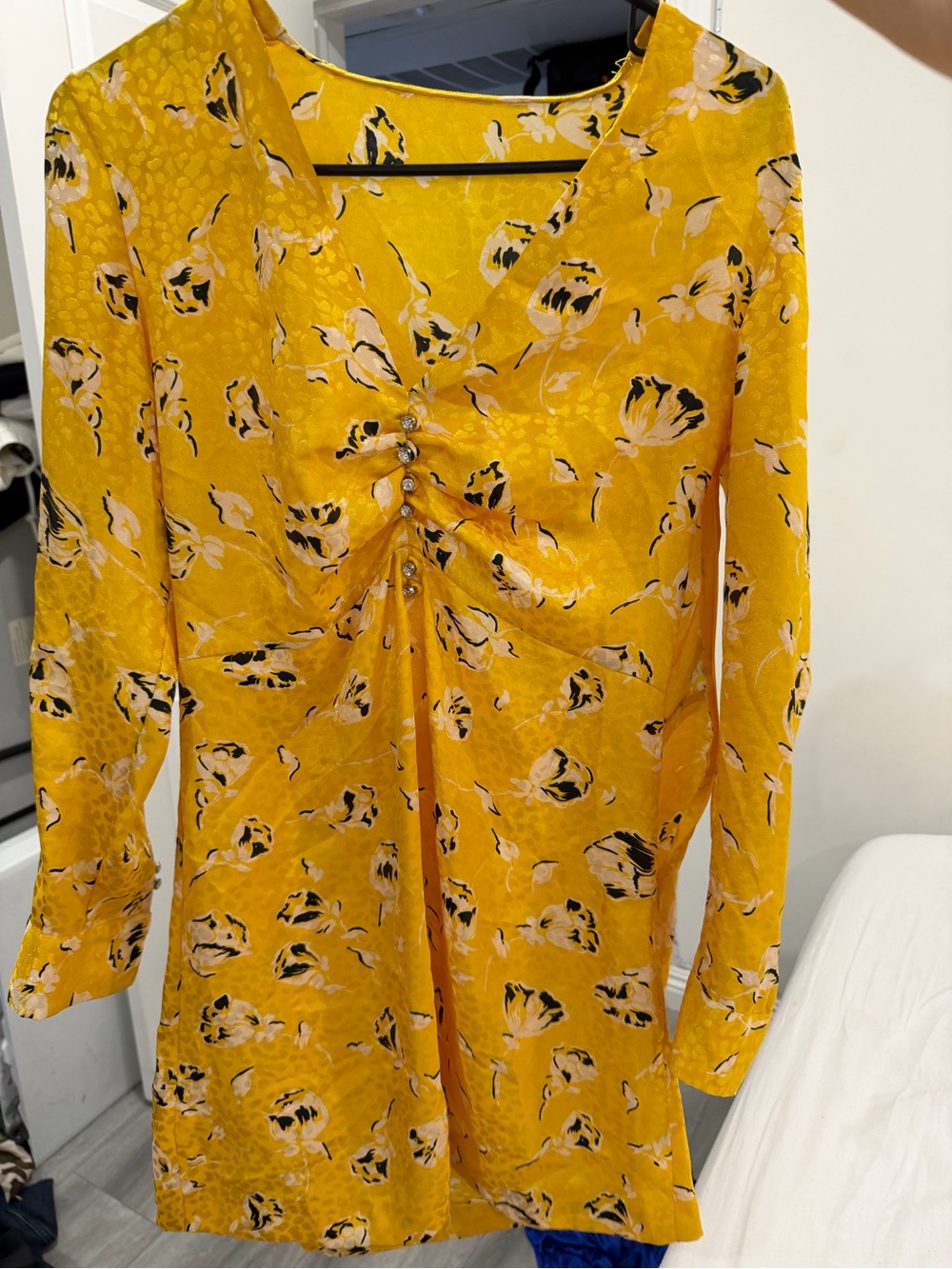 Zara Yellow Floral V-Neck Long-Sleeve Tunic with Gathered Front